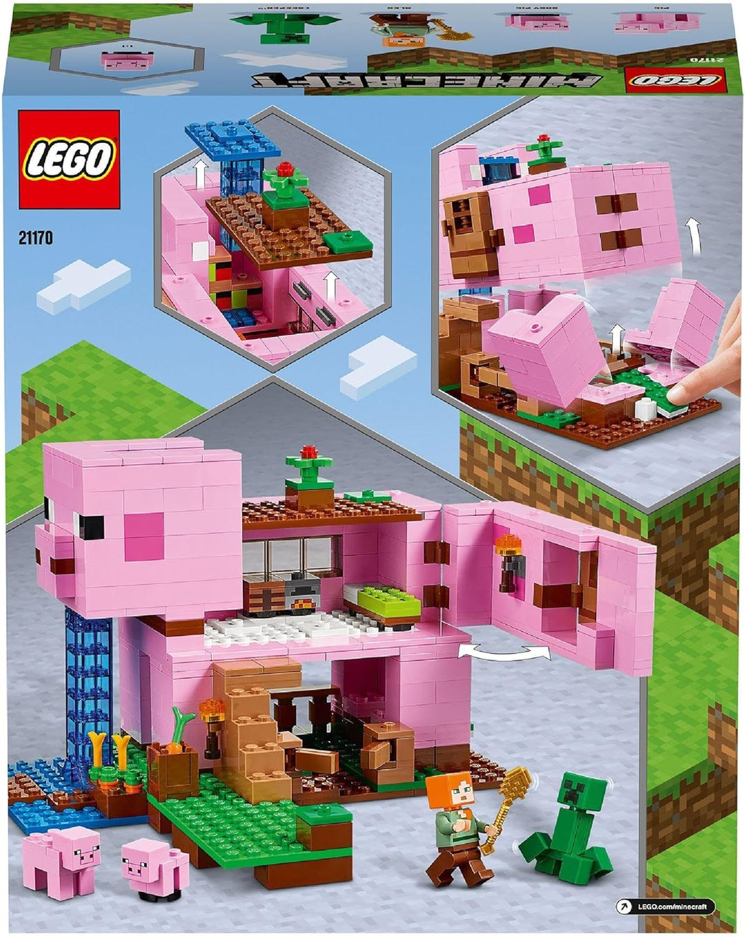LEGO 21170 Minecraft Das Schweinehaus Bauset mit Figuren: Alex, Creeper und 2 Schweinefiguren, Tier-