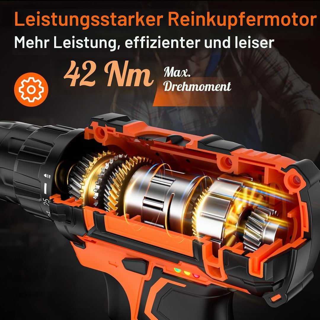 Akkuschrauber, 20V Akku Bohrschrauber Set mit 2 Akkus 2.0Ah Orange,25+1 Drehmomentstufen Akkubohrer,