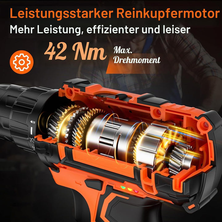 Akkuschrauber, 20V Akku Bohrschrauber Set mit 2 Akkus 2.0Ah Orange,25+1 Drehmomentstufen Akkubohrer,