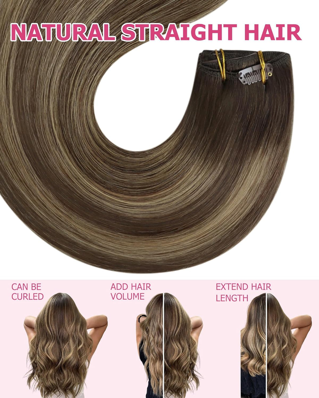 YoungSee Clip in Extensions Echthaar Ombre 30cm Echthaar Extensions Clip Dunkelbraun Balayage Karame