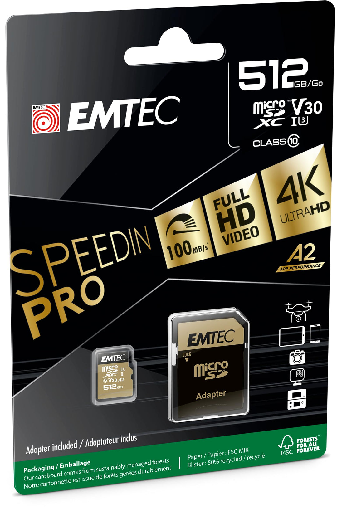 Emtec - UHS-I U3 V30 A1-512 GB, 256 GB - ECMSDM256GXC10SP - Speedin Serie - mit Adapter - Lese- und