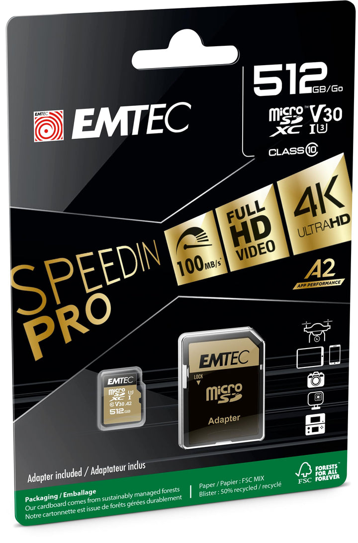 Emtec - UHS-I U3 V30 A1-512 GB, 256 GB - ECMSDM256GXC10SP - Speedin Serie - mit Adapter - Lese- und
