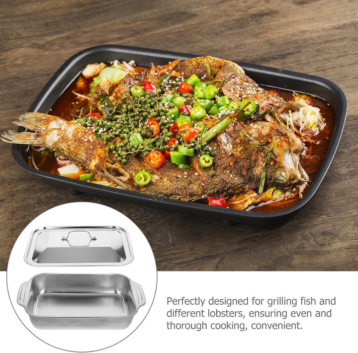 Healeved Edelstahl Bratpfanne Rechteckig mit Deckel 41X24X75cm Fischbräter Robust Formstabil für Gri