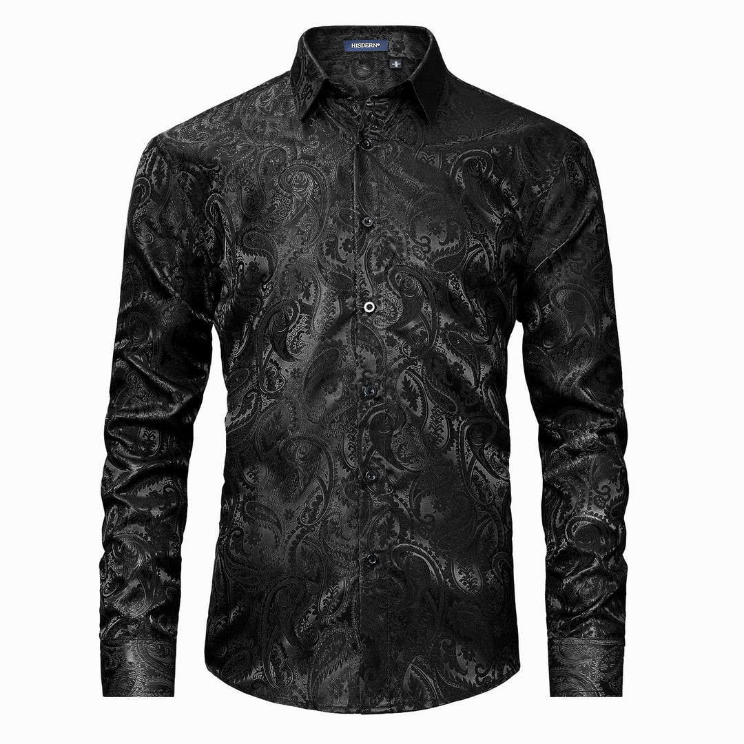HISDERN Herren Paisley Hemd Langarm Satin Blumen Muster Hemd für Männer Jacquard Stickerei Freizeith