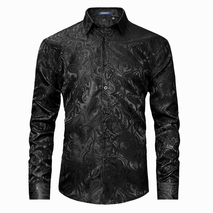 HISDERN Herren Paisley Hemd Langarm Satin Blumen Muster Hemd für Männer Jacquard Stickerei Freizeith