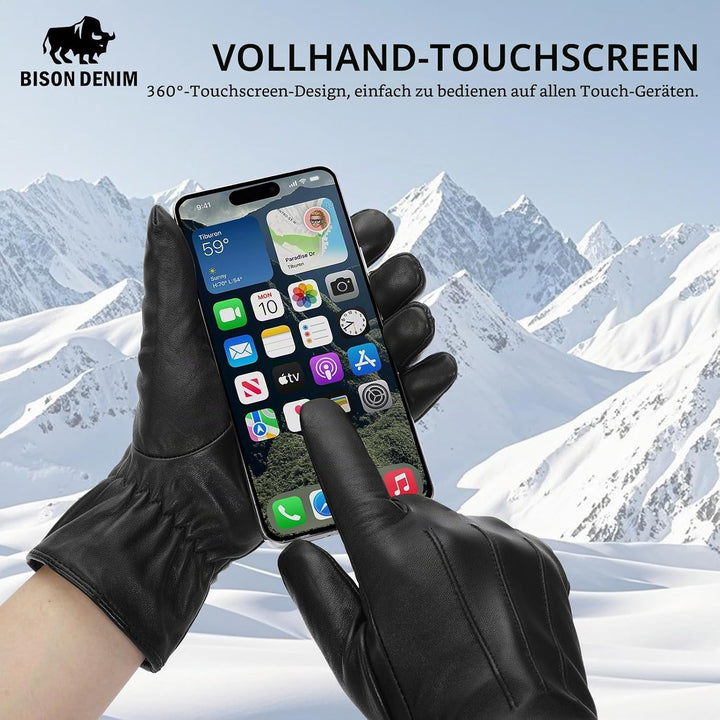 BISON DENIM leder handschuhe damen-Kaschmirverkleidung, Touchscreen und Winterhandschuhe Schwarz S,