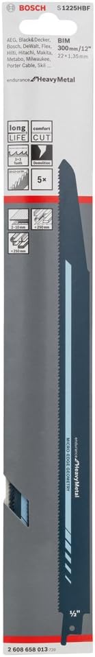 Bosch Professional 5 Stück Säbelsägeblatt S 1225 HBF Endurance for Heavy Metal (for Metall, 300 x 22