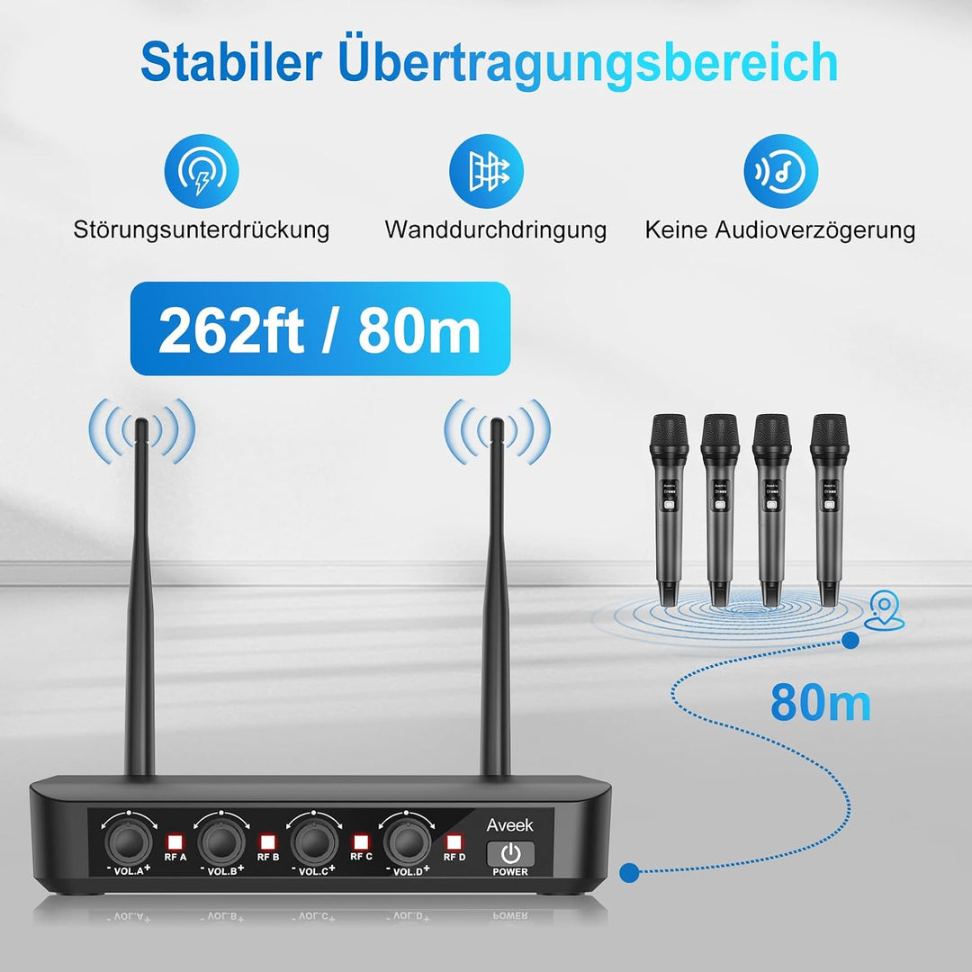 Aveek Kabelloses Mikrofonsystem mit 4er-Pack dynamischen Handmikrofonen, 79,9 m lange Reichweite, 40