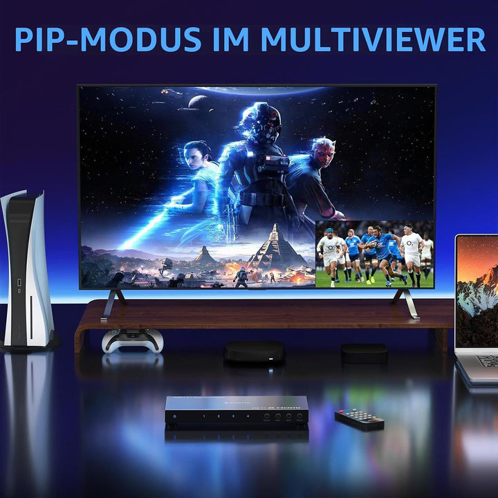 HDMI Multiviewer Switch 4x1 mit Pip, PORTTA Quad Multi Viewer Seamless Switcher 4 in 1 Out mit Tosli