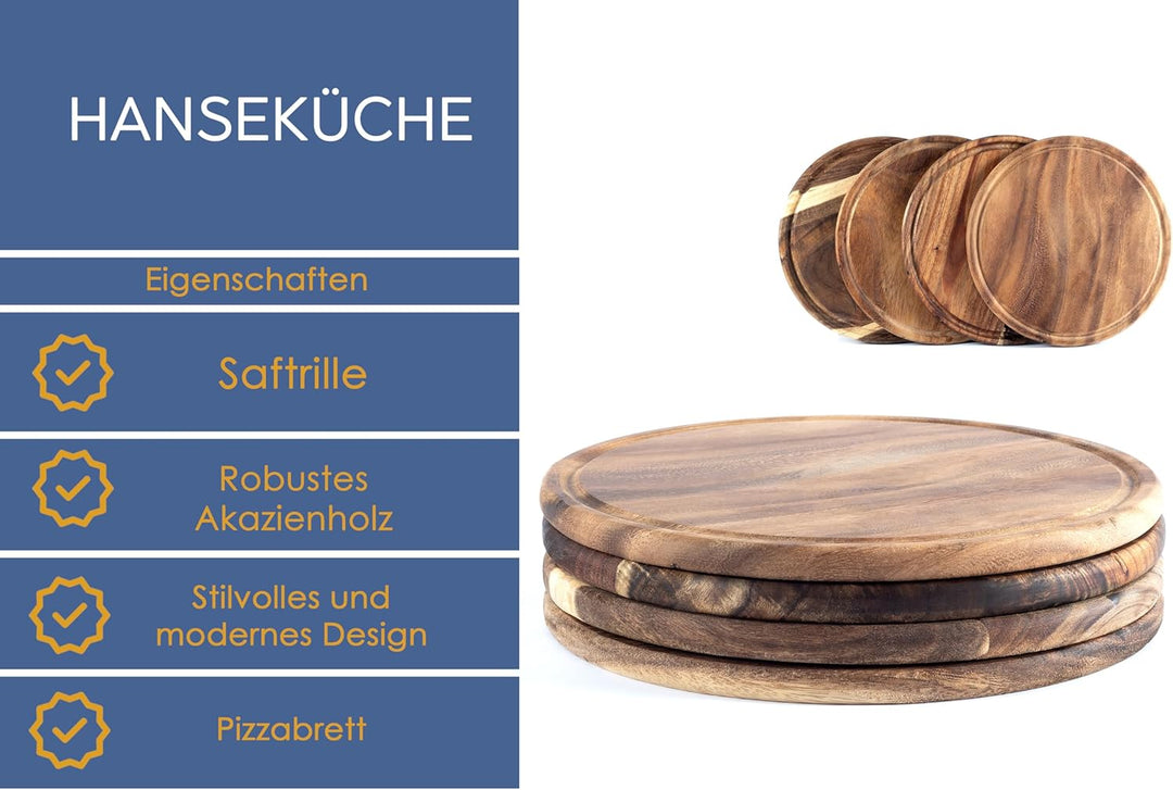 Fleischteller Akazie Ø 25 cm – 4er Set Holzteller rund – Vesperteller, Brotzeitbrett, Servierbrett,