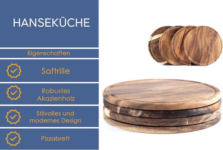 Fleischteller Akazie Ø 25 cm – 4er Set Holzteller rund – Vesperteller, Brotzeitbrett, Servierbrett,