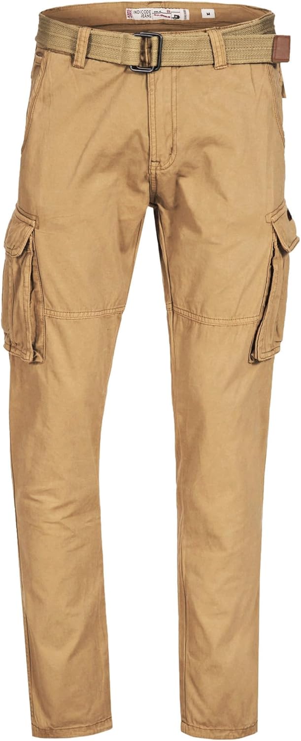 Indicode Herren William Cargohose aus Baumwolle m. 7 Taschen inkl. Gürtel | Outdoorhose S Amber, S A
