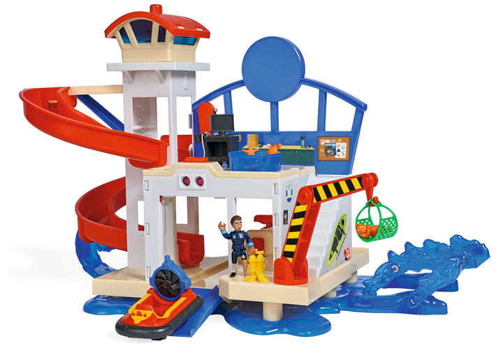 Simba 109252518 - Feuerwehrmann Sam Neue Wasserwacht, mit Sound, mit Landeplatz für Helikopter, Wall