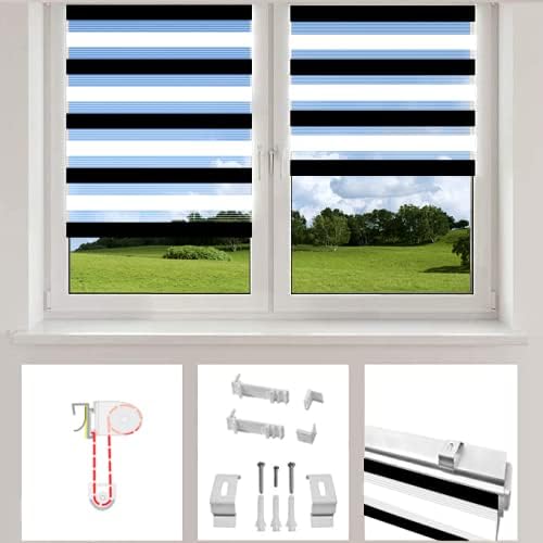 Eurohome Doppelrollo Klemmfix ohne Bohren, Duo Rollo,40cm x 130cm (Stoffbreite 36 cm) Weiss+schwarz