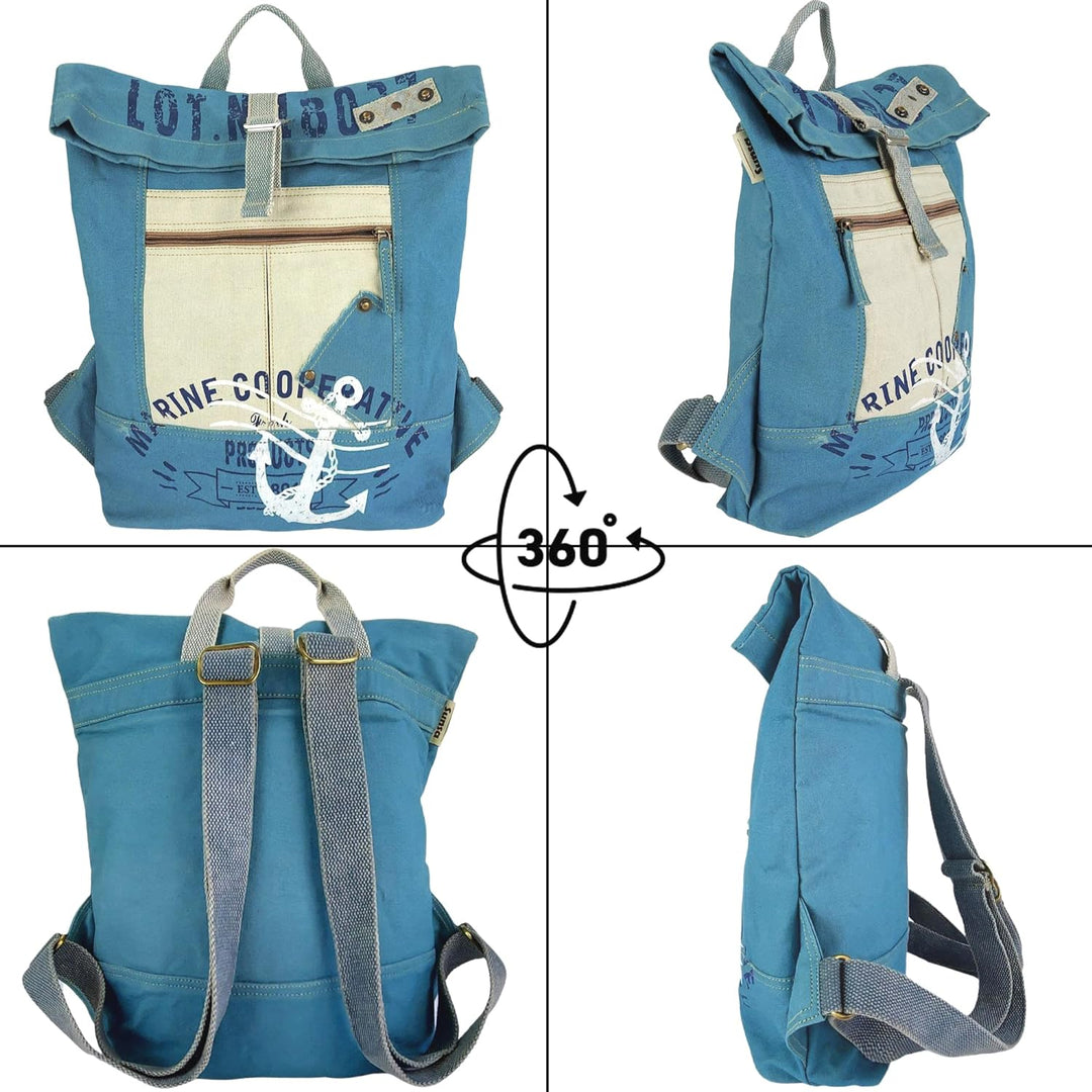Sunsa Rucksack. XL Leinwand/Canvas Backpack. Rolltop Cityrucksack. Vegane Daypack in Maritim/Anker D