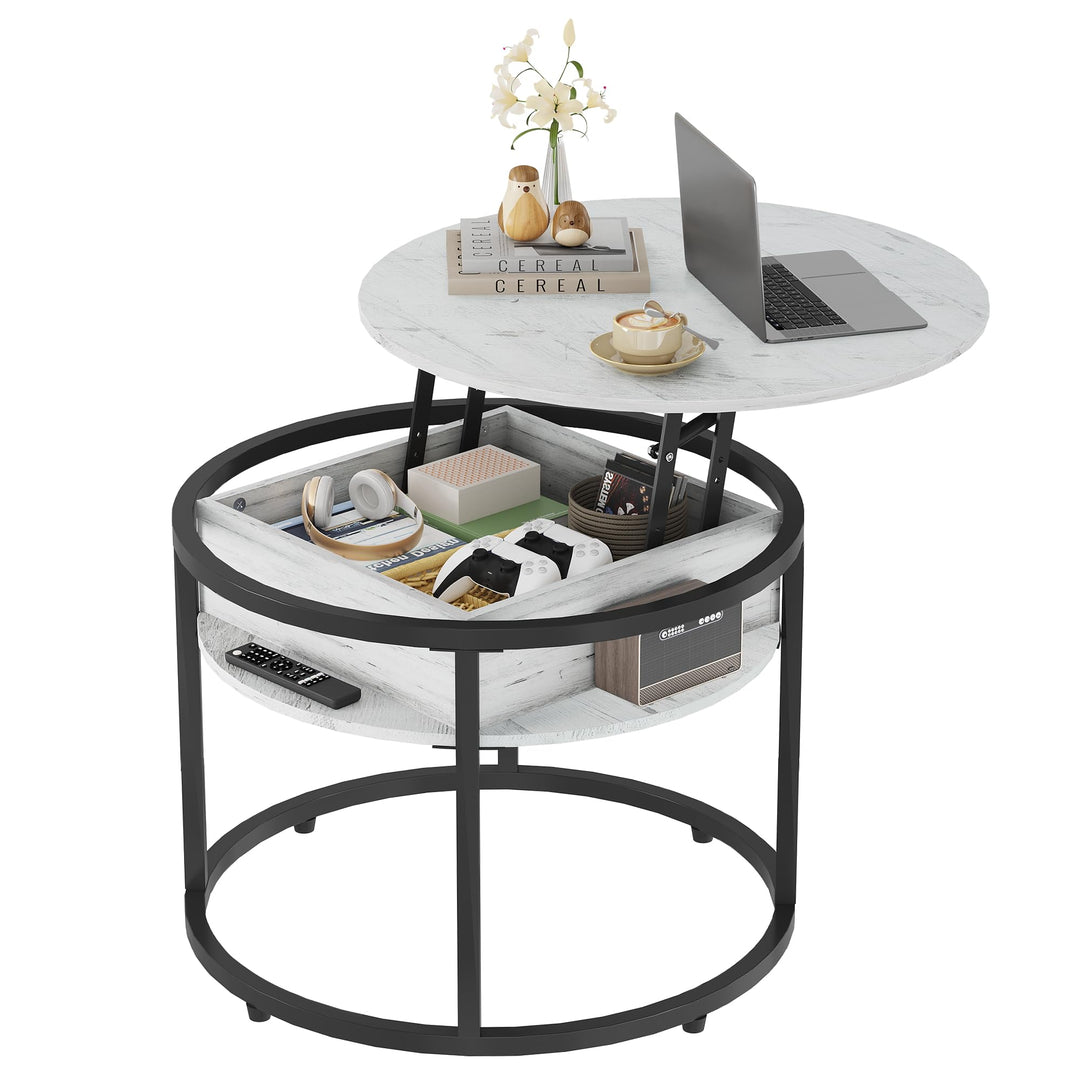 WLIVE Couchtisch Rund mit Hebeplatte, Wohnzimmertisch Höhenverstellbar mit Stauraum, 60 x 60 x 50 cm