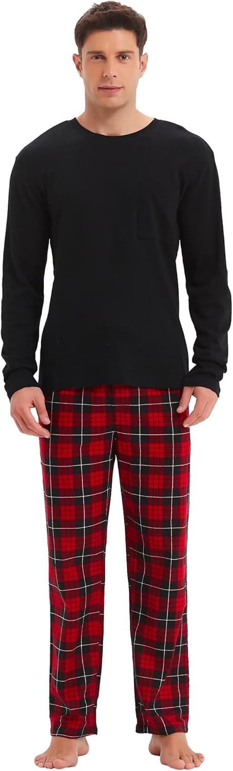 GLOBAL Herren Schlafanzüge Flanell Herren Pyjama Set Baumwolle Langarm-Pullover Oberteil und elastis