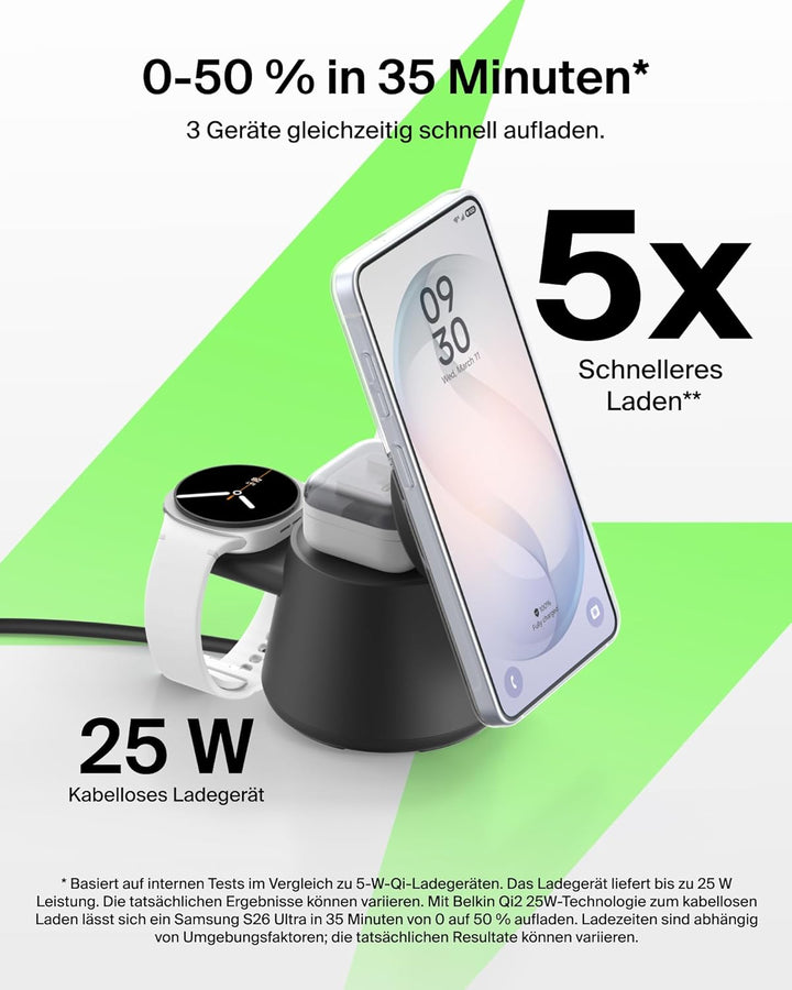 Belkin UltraCharge 3 in 1 Ladegerät, USB C Port für Smartwatch, Qi2.2 Wireless Charger, Induktive La