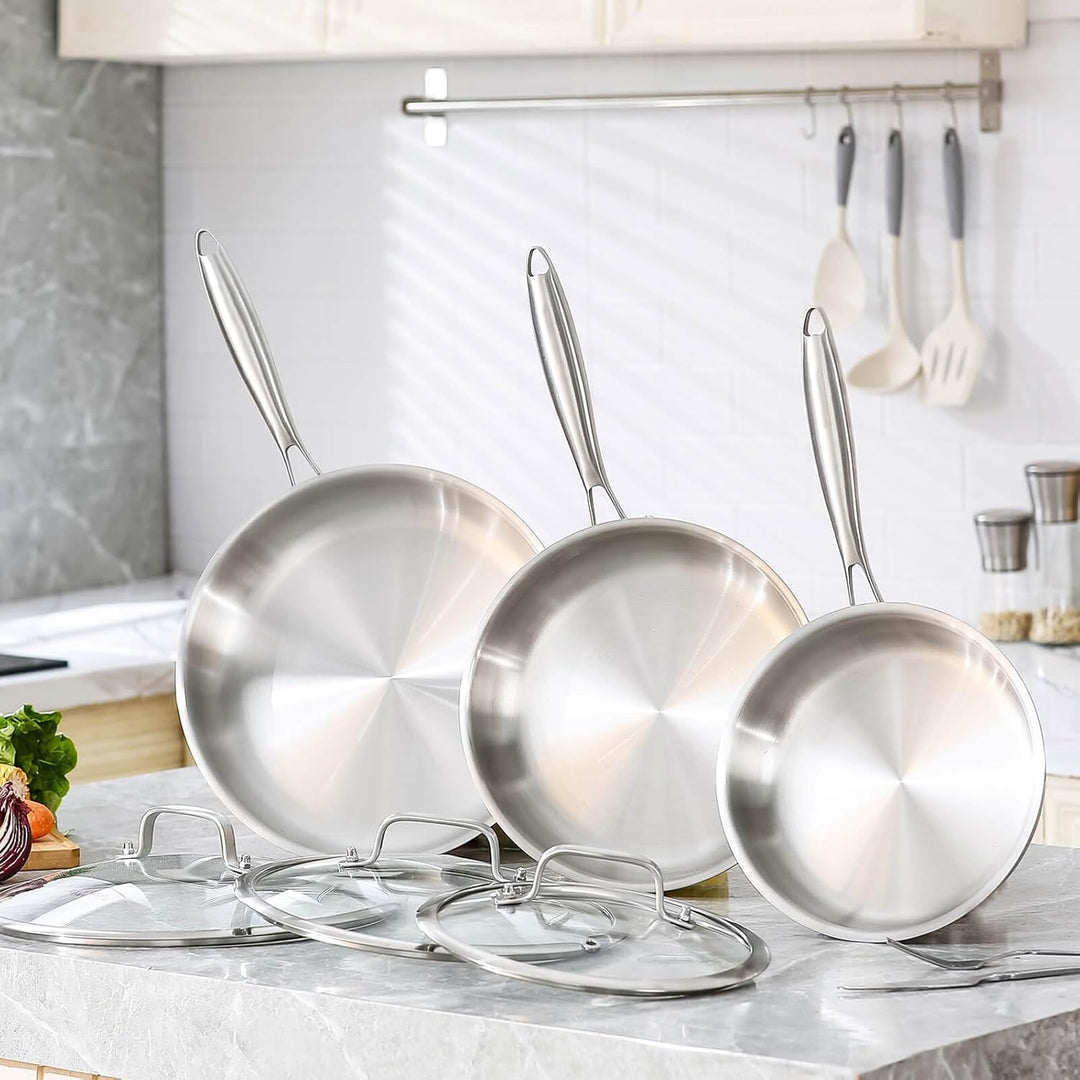 Edelstahlpfanne 20/24/28 cm mit 3 Deckeln | Durchgehend 3-lagige Bratpfanne, Induktionsgeeignet, Bac