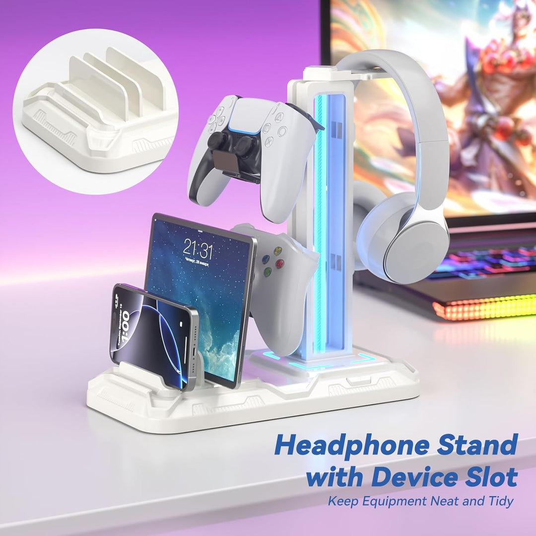 KDD Headset Halterung Led mit Ladestation - PS5 Controller Halter & Kopfhörer Ständer Tisch mit 9 Li