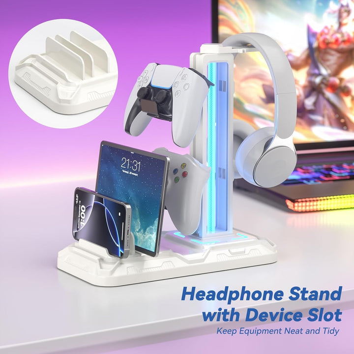 KDD Headset Halterung Led mit Ladestation - PS5 Controller Halter & Kopfhörer Ständer Tisch mit 9 Li
