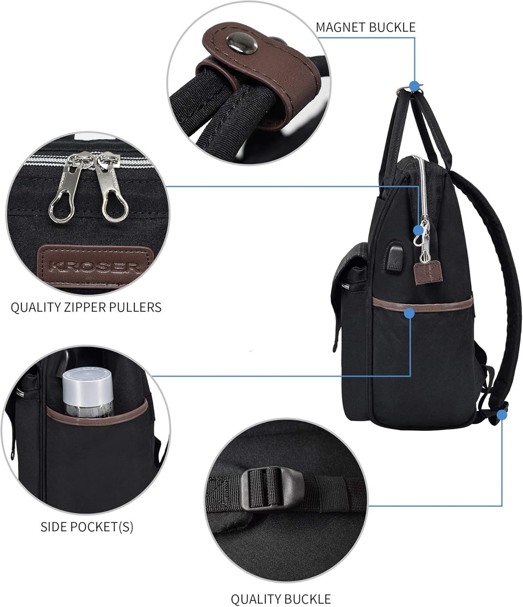 KROSER Rucksack Damen für Schule Laptop Rucksack 15,6 Zoll Schulrucksack Daypack wasserdichte für Un