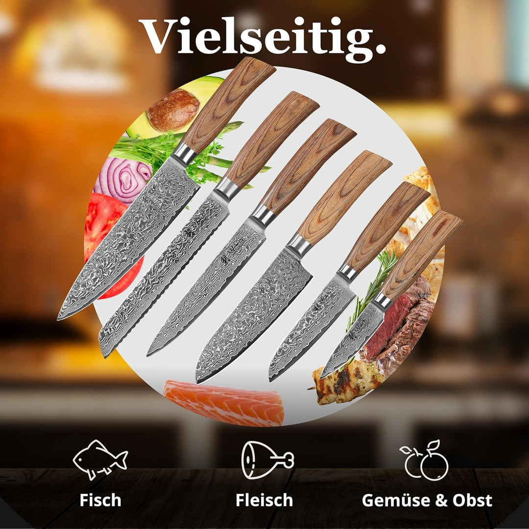 Wakoli Edib Pro 6er Damastmesser-Set mit Klingen von 8,5 - 19,70 cm Länge extrem scharf aus 67 Lagen