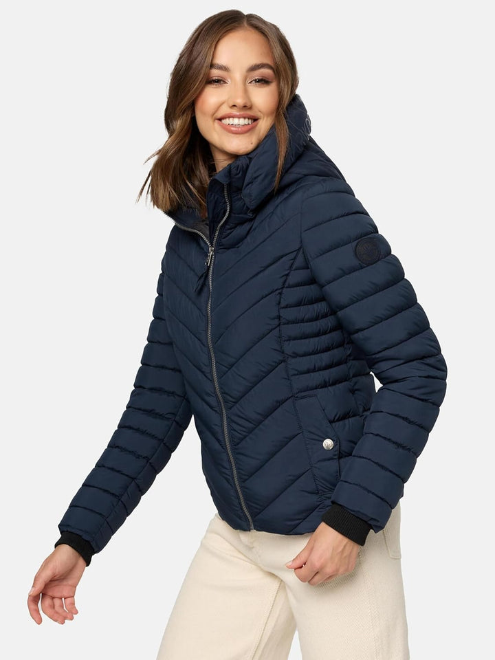 MARIKOO Damen Übergangsjacke leichte Steppjacke kurz mit abnehmbarer Kapuze Kagomee XS-XXL XL Navy,