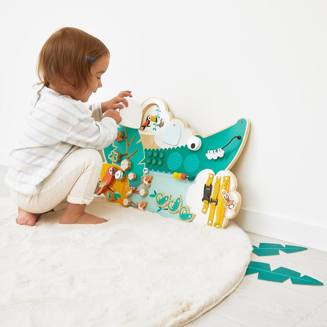 Janod - Busy Board Croco - Activity Board - Thema Dschungeltiere - 14 Aktivitäten - Kinderspielzeug