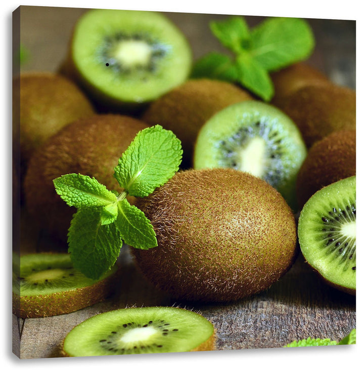 Pixxprint Kiwis auf Holztisch als Leinwandbild | Grösse: 70x70 cm | Wandbild | Kunstdruck | fertig b