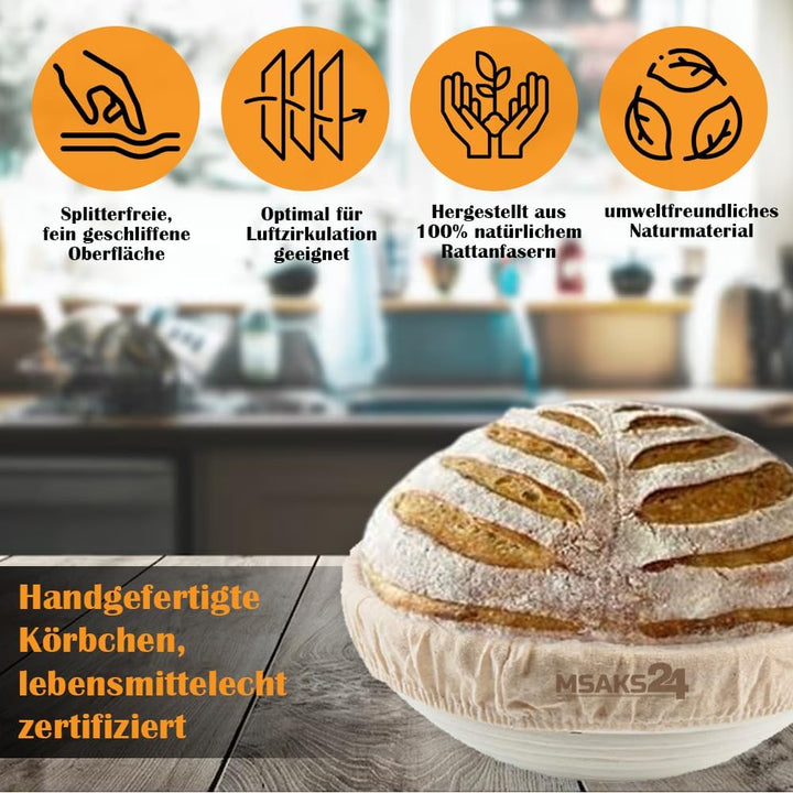 Premium Gärkörbchen Set für Perfektes Brotbacken – Inklusive Rundes Brotkorb Gärkorb 23cm aus Rattan