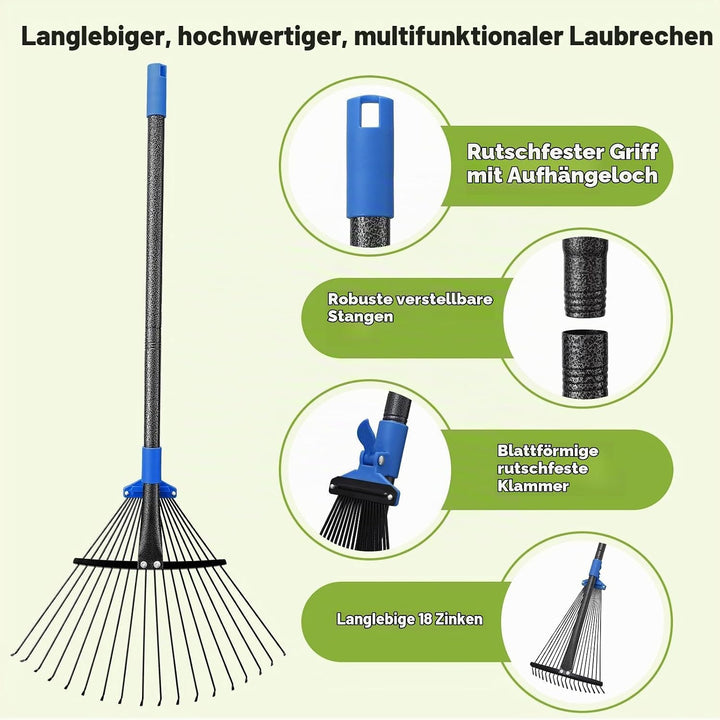 Gartenrechen Laubrechen, 18-zinkiger Metallrechen mit verstellbarem Kopf 25-45 cm, Rasenrechen Laubb