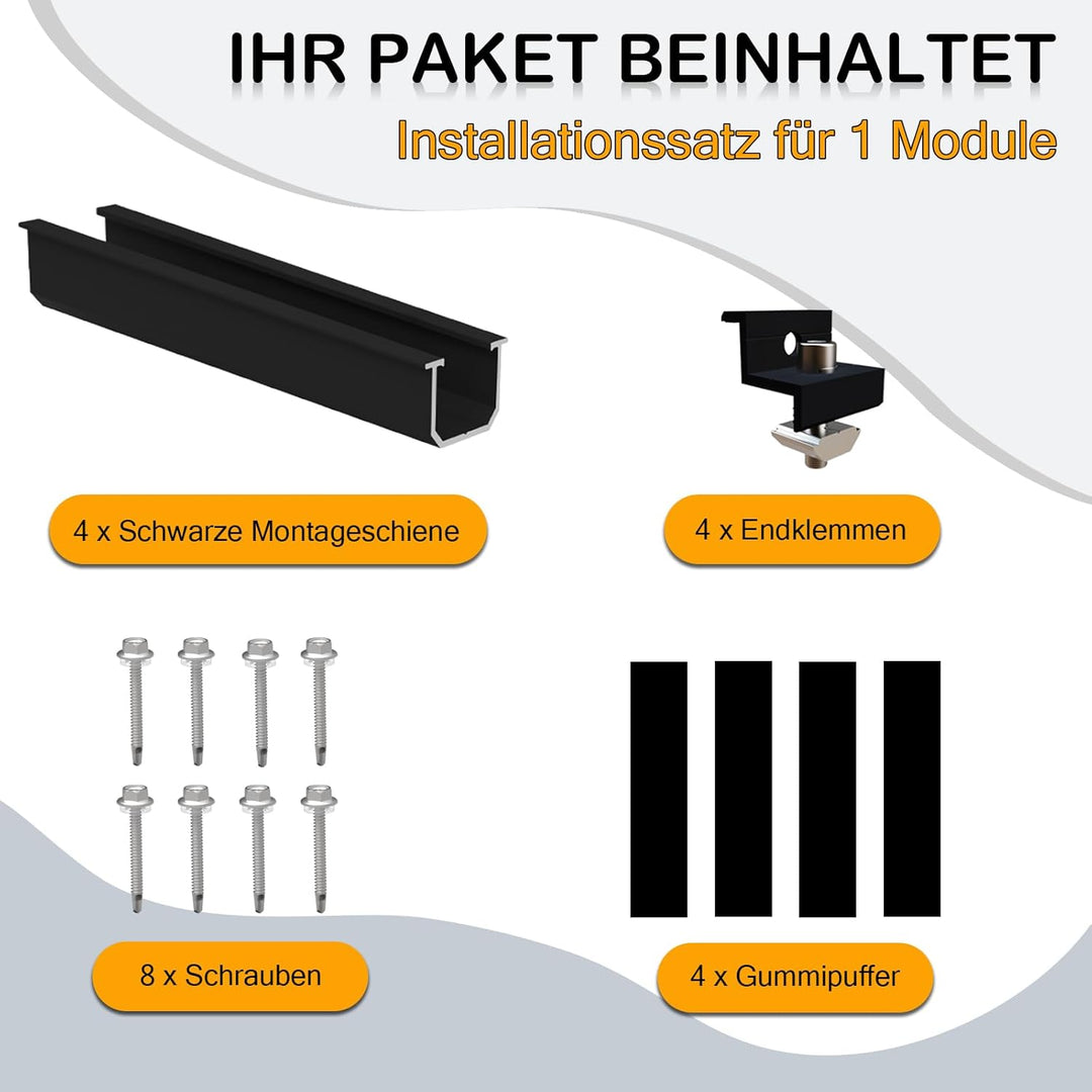 Solarmodul Halterung für 1X Module, PV Halterung Montageset - 12CM Schwarze Schiene + Verstellbare K