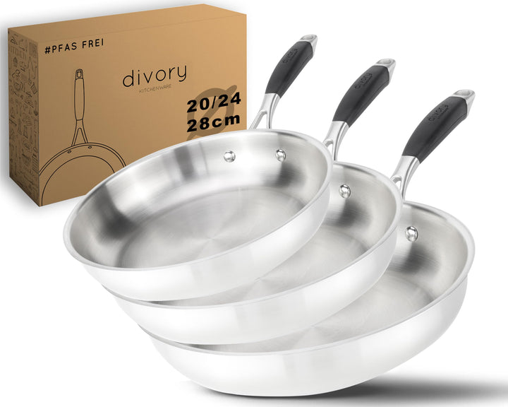 DIVORY Edelstahlpfannen Set 20, 24, 28cm – Unbeschichtete Pfannen ohne PTFE & PFOA, Bratpfannen Edel