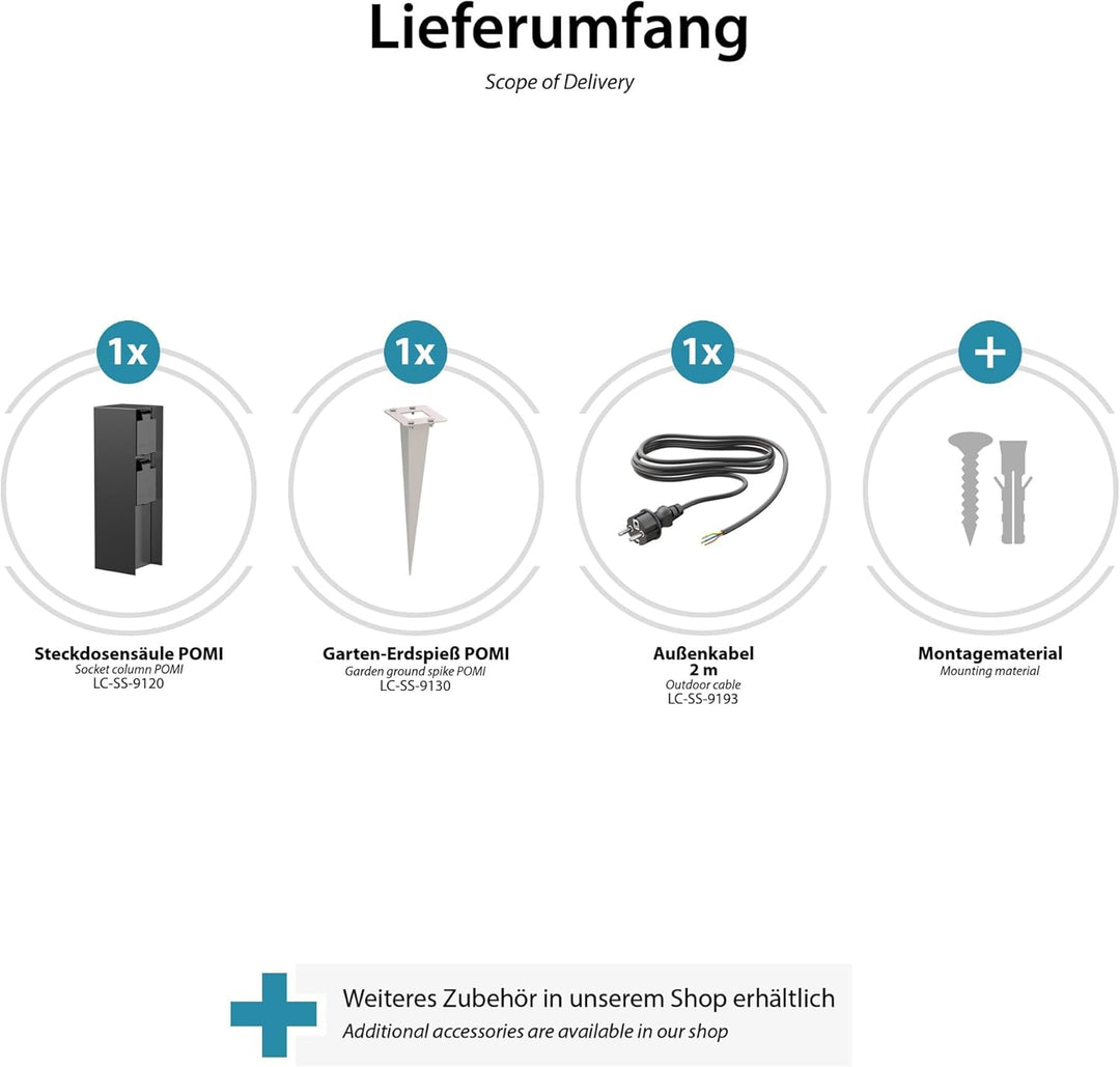 ledscom.de 3 Stück Garten-Steckdosen-Säule POMI mit Erdspiess und 2m Kabel für aussen, IP44, 2-Fach,