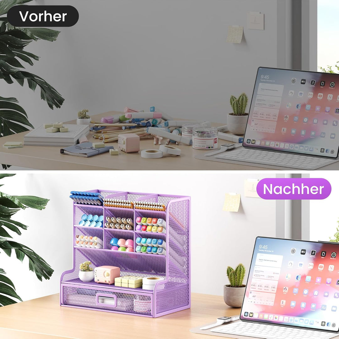 VITVITI Schreibtisch Organizer, 9 Fächer Stiftehalter mit Schublade, Netz Stifte Regal aus Metall, S