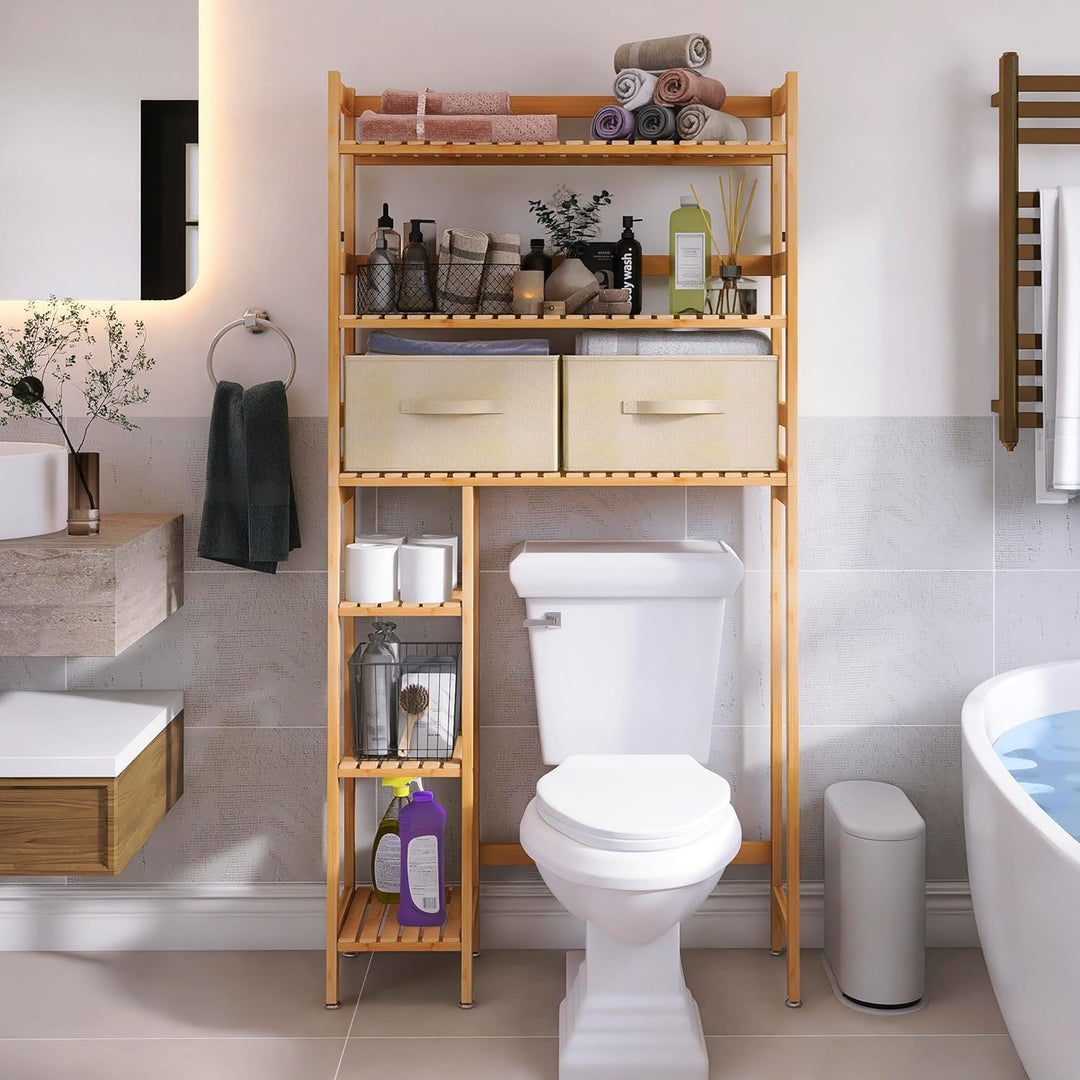SMIBUY Over The Toilet Storage, 6-stöckiges Badezimmerregal aus Bambus mit Schubladen, freistehend ü