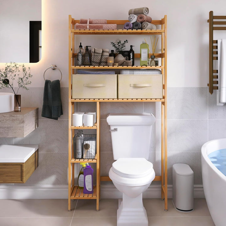 SMIBUY Over The Toilet Storage, 6-stöckiges Badezimmerregal aus Bambus mit Schubladen, freistehend ü