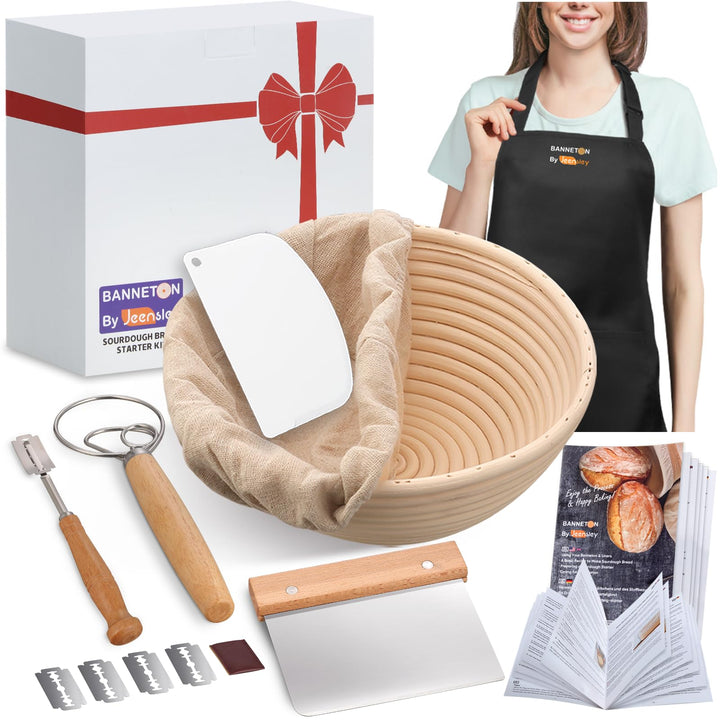 Jeensley Gärkörbchen Sauerteig Starterset Box verpackter runder Sauerteigbrot-Gärkorb mit Broschüre,