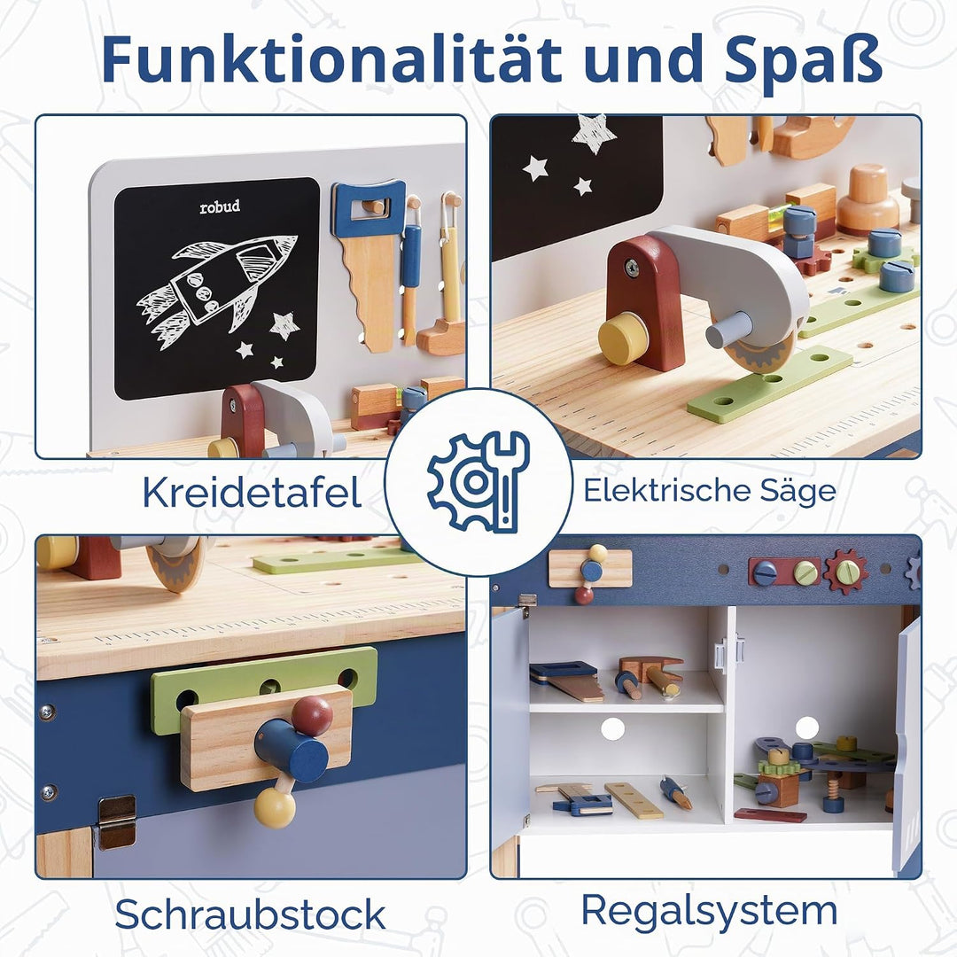ROBUD Holzspielzeug Werkbank, Grosses Kinder Holz Spielwerkzeug, Pretend Play Creative Building Set,
