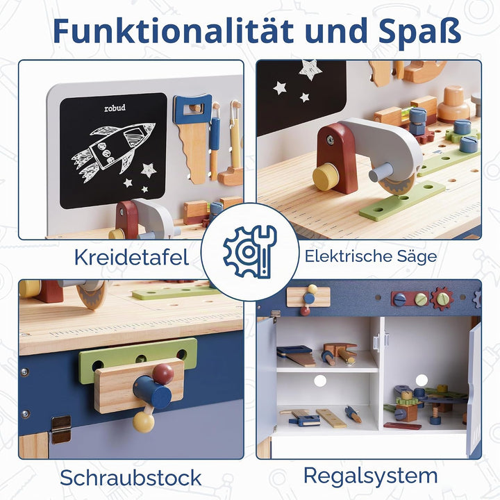 ROBUD Holzspielzeug Werkbank, Grosses Kinder Holz Spielwerkzeug, Pretend Play Creative Building Set,