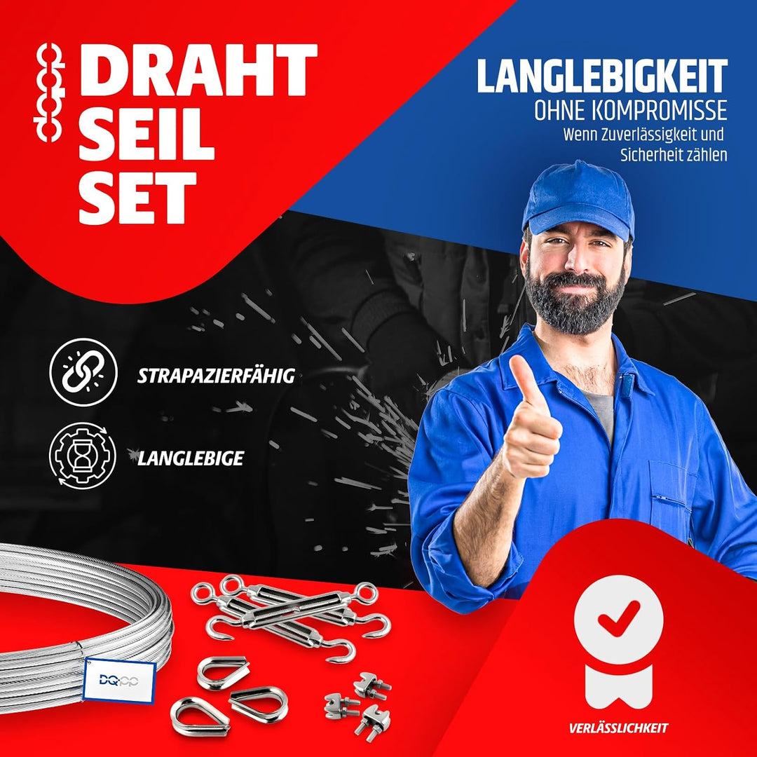 DQ-PP STAHLSEIL SET | 8mm | 20m | 4 x Seilklemmen Bügel 8mm | Edelstahl INOX | 7x7 mittelweich | Dra