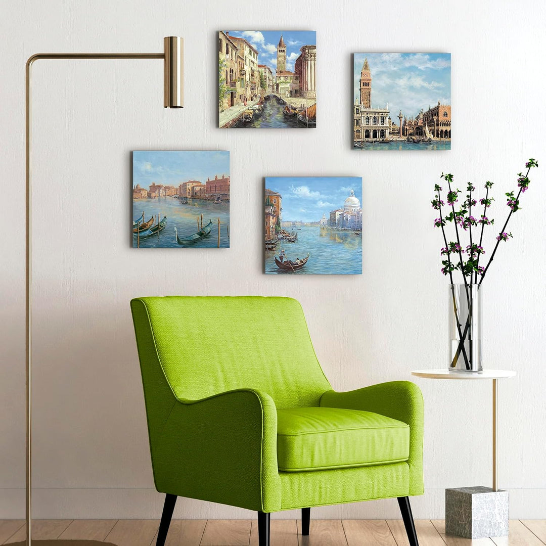 ARTLAND Leinwandbilder auf Holz Wandbild Bild Set 4 teilig je 40x40 cm Italien Venedig Stadt Gebäude