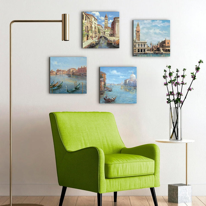 ARTLAND Leinwandbilder auf Holz Wandbild Bild Set 4 teilig je 40x40 cm Italien Venedig Stadt Gebäude