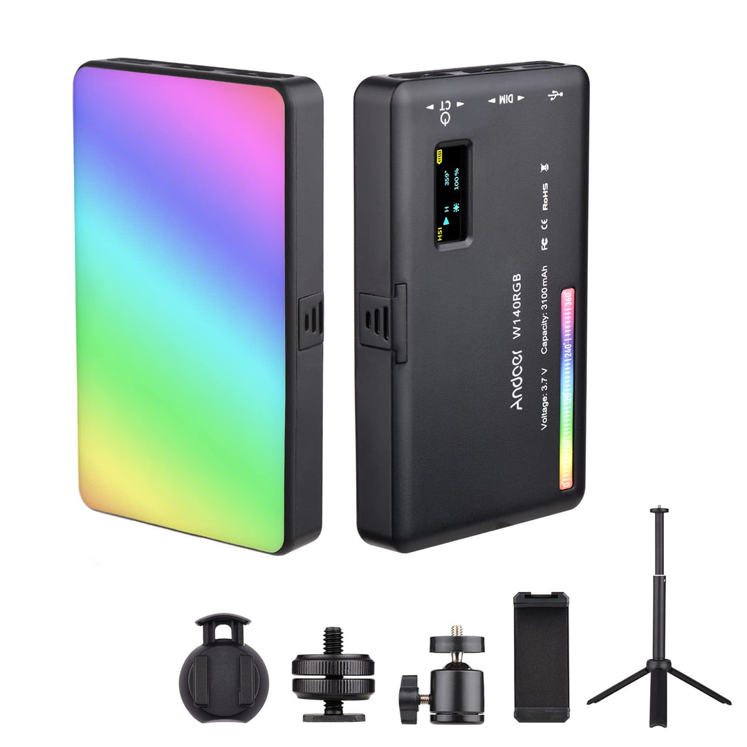 Andoer W140 RGB LED Videoleuchte Beleuchtungsset, Kamera Licht CRI95+ 2500K-9000K Dimmbar mit Deskto