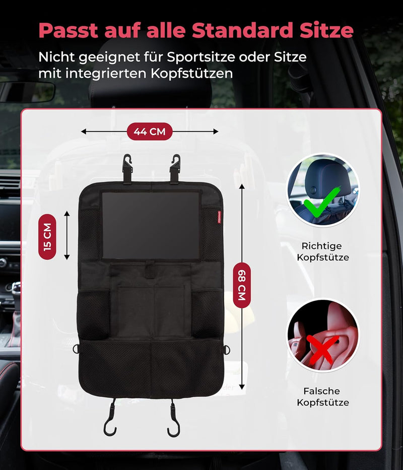 HerzensKind Rückenlehnenschutz und Organizer. Auto Organizer mit extra grossem 13" Tabletfach und 9