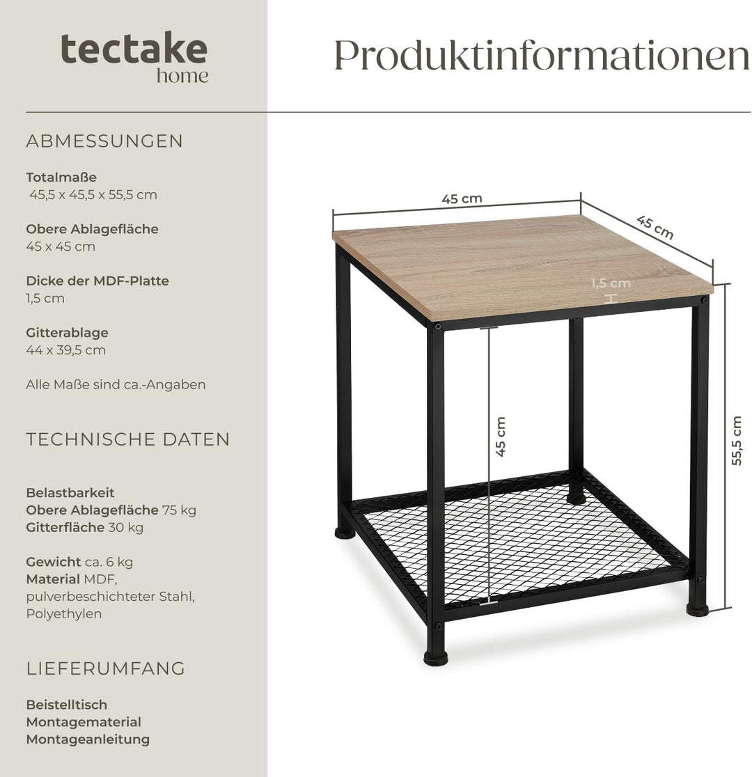 tectake® Beistelltisch Holz & Metall, Couchtisch mit Stauraum auf Zwei Ebenen, Kleiner Tisch 45,5 x