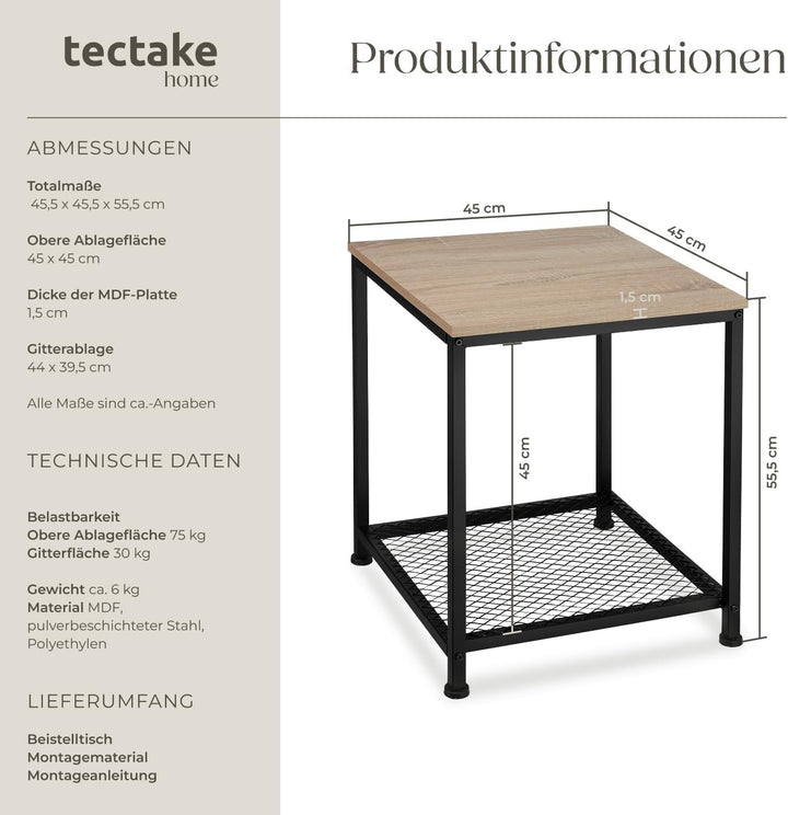 tectake® Beistelltisch Holz & Metall, Couchtisch mit Stauraum auf Zwei Ebenen, Kleiner Tisch 45,5 x