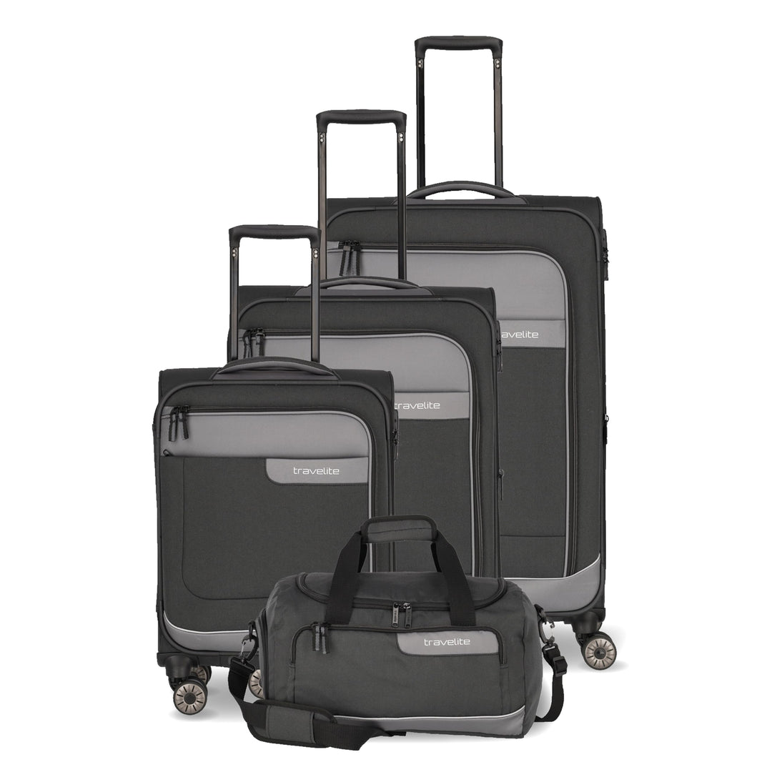 Travelite Kofferset 4 teilig Weichschale 4 Rollen, Grössen S-M-L + Reisetasche,nachhaltig, VIIA Reis