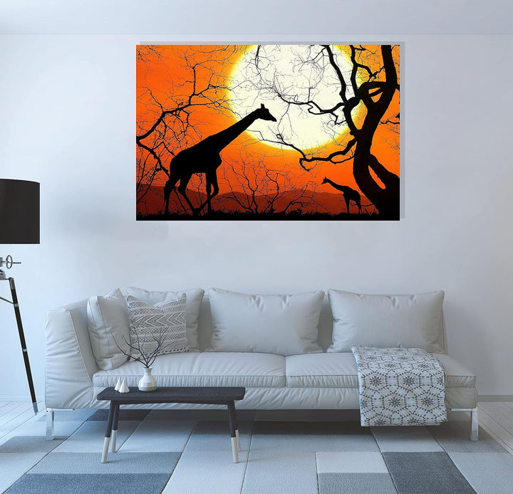 Leinwandbilder mit Giraffen, Bäume und Sonne, gerahmt, Wandkunst, Heimbüro, Arbeitsposter, Kunstwerk